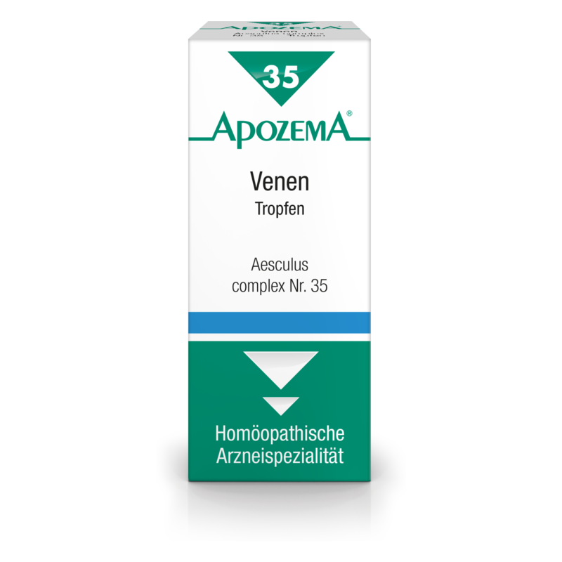 Verpackung von ApoZEMA Venen Tropfen, homöopathisches Produkt in einer schmalen, rechteckigen Box mit grünem und blauem Design.