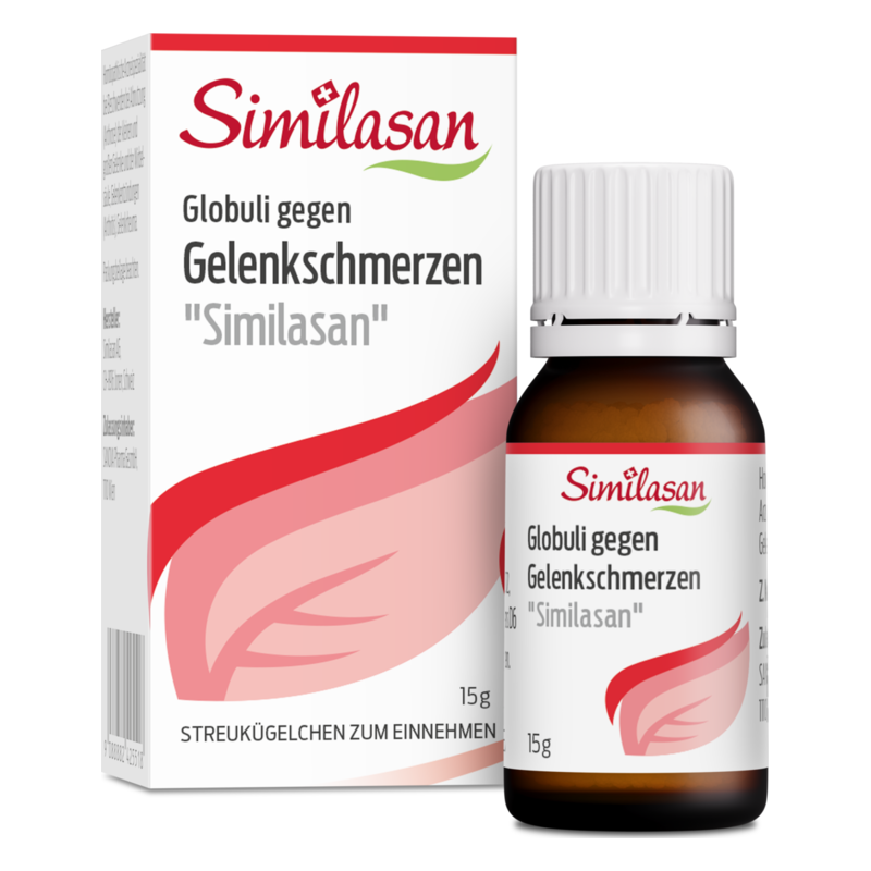 Packung mit Globuli gegen Gelenkschmerzen von Similasan, mit einer braunen Flasche und Verpackung in rot-weißem Design.