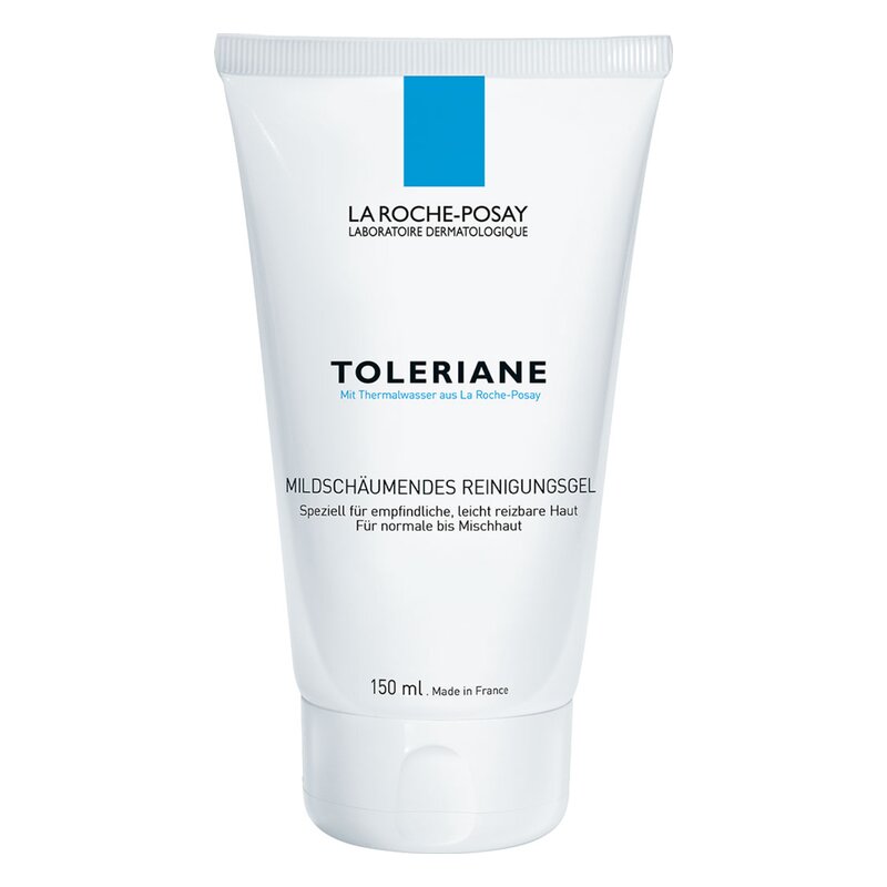 Tubenverpackung eines milden Reinigungsgels mit blauem Etikett für empfindliche Haut.