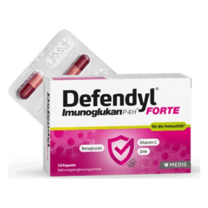 Verpackung von Defendyl Imunoglukan P4H Forte mit Kapseln zur Unterstützung der Immunität in einer modernen Box.