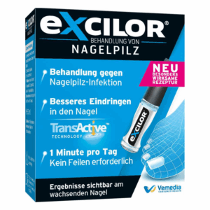 Verpackung von Excilor zur Behandlung von Nagelpilz mit Anwendungshinweisen und besonderen Technologien.