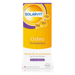 Verpackung von Solarvit Osteo Filmtabletten mit Angaben zu Vitamin D3, K2 und Kalzium für die Knochengesundheit.