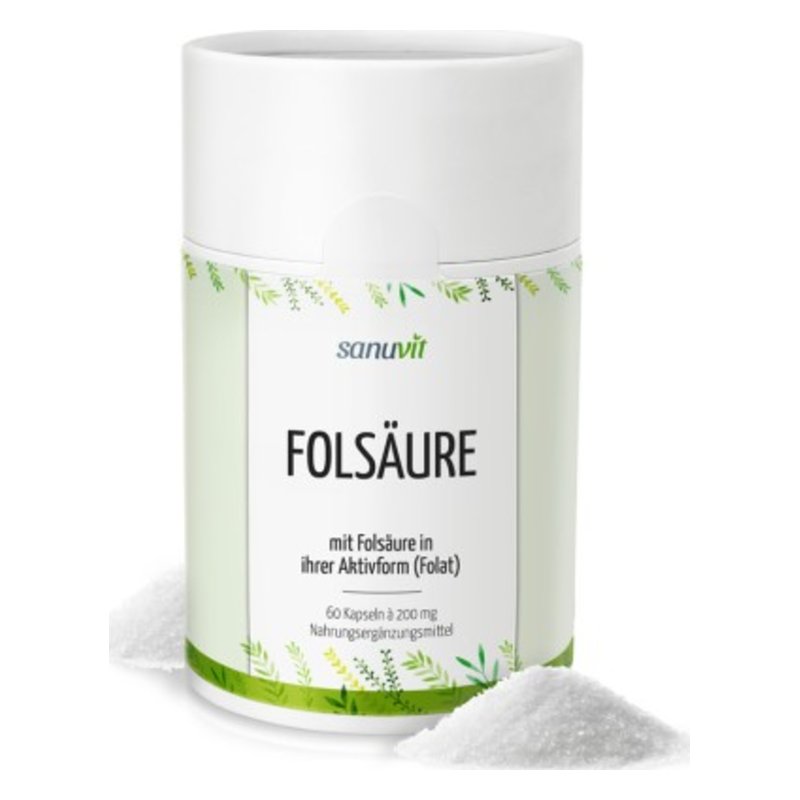 Dose mit Folat in Kapseln, umgeben von gefülltem weißem Pulver, mit grüner und weißer Verpackung.