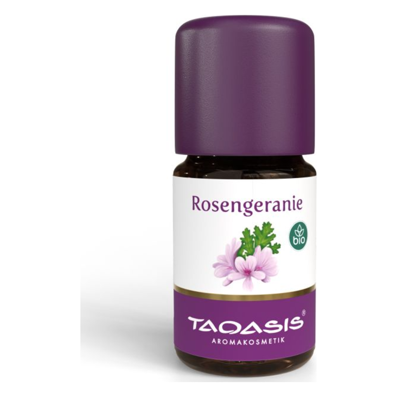 Flasche mit ätherischem Öl aus Rosengeranie, braun mit lila Deckel und weißem Etikett, bio-zertifiziert.