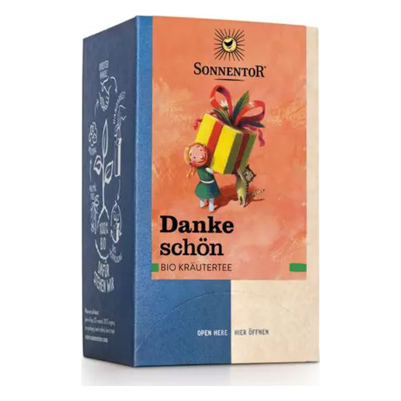 Verpackung von BIO Kräutertee mit einem Jungen, der ein Geschenk hält, und einem Tier auf einem farbigen Hintergrund.