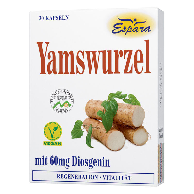 Verpackung mit Yamswurzel-Kapseln, 30 Stück, enthält 60mg Diosgenin, mit pflanzlichem Logo.