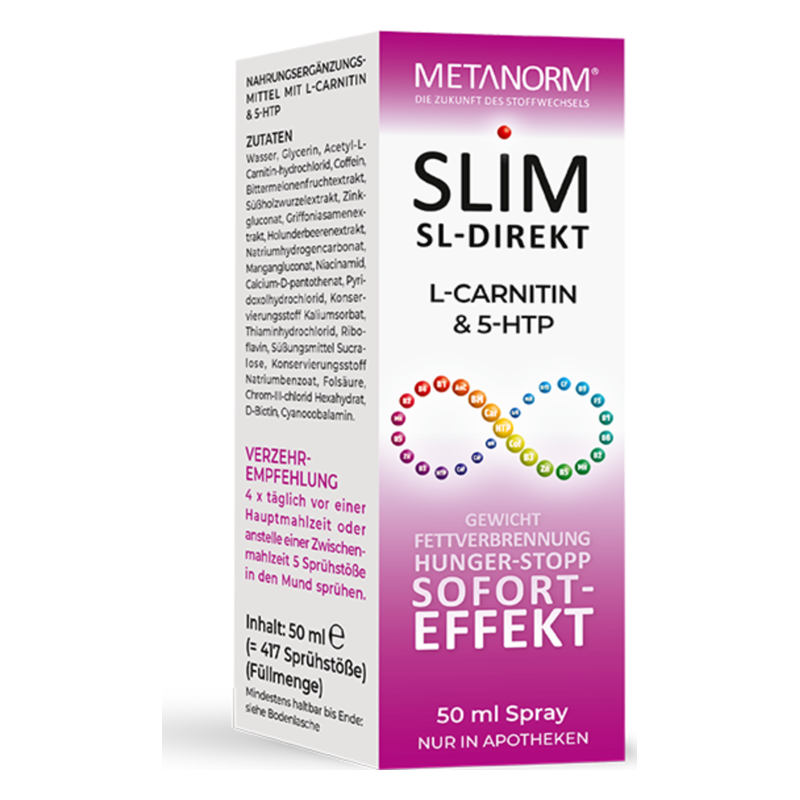Schachtel mit einem 50 ml L-Carnitin- und 5-HTP-Spray, empfohlen zur Gewichtsreduktion und Fettverbrennung.