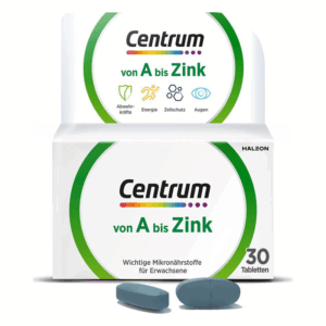 Verpackung von Centrum von A bis Zink mit Informationen zu Mikronährstoffen, enthalten sind zwei Tabletten.