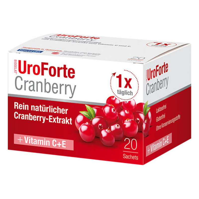 Verpackung von UroForte Cranberry mit natürlichem Cranberry-Extrakt und Vitaminen C und E, in einem Karton mit Beerenillustration.