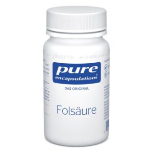 Weißes Fläschchen mit Schraubverschluss, beschriftet mit "pure encapsulations Folsäure", praktische Nahrungsergänzung.