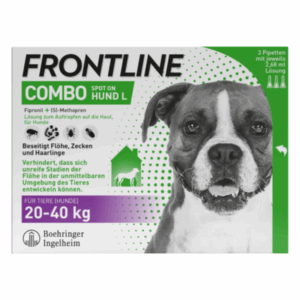 Verpackung von Frontline Combo für Hunde, zeigt einen Hund und Informationen zur Anwendung gegen Flöhe und Zecken.