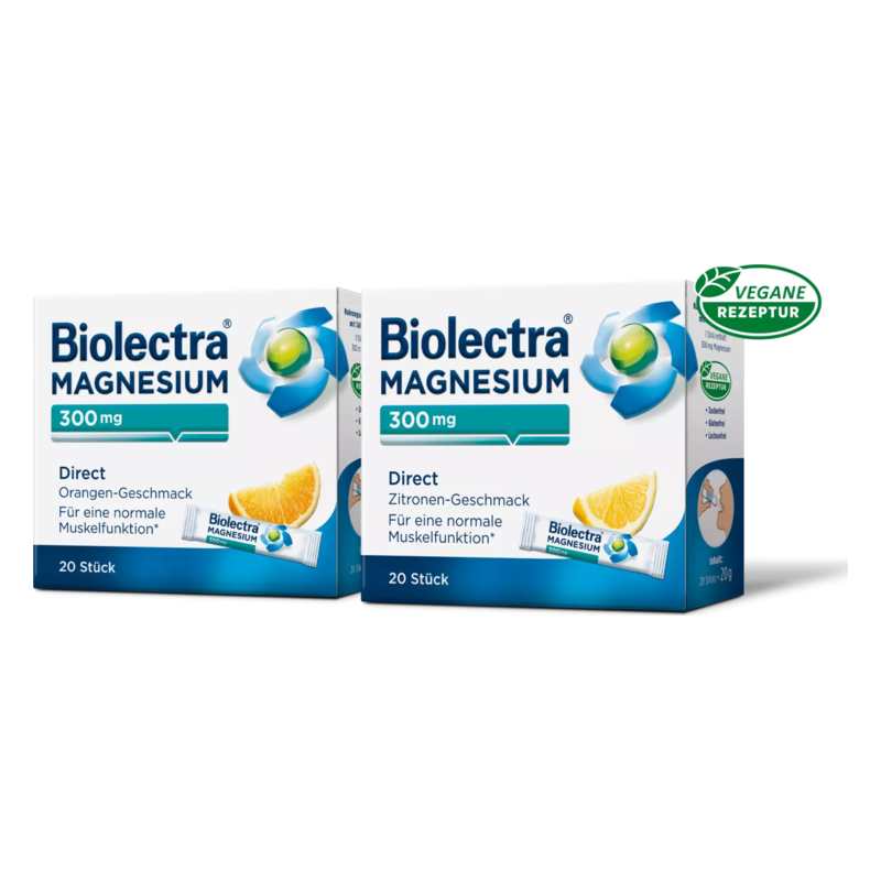 Zwei Verpackungen von Biolectra Magnesium 300 mg in den Geschmacksrichtungen Orange und Zitrone mit veganem Siegel.