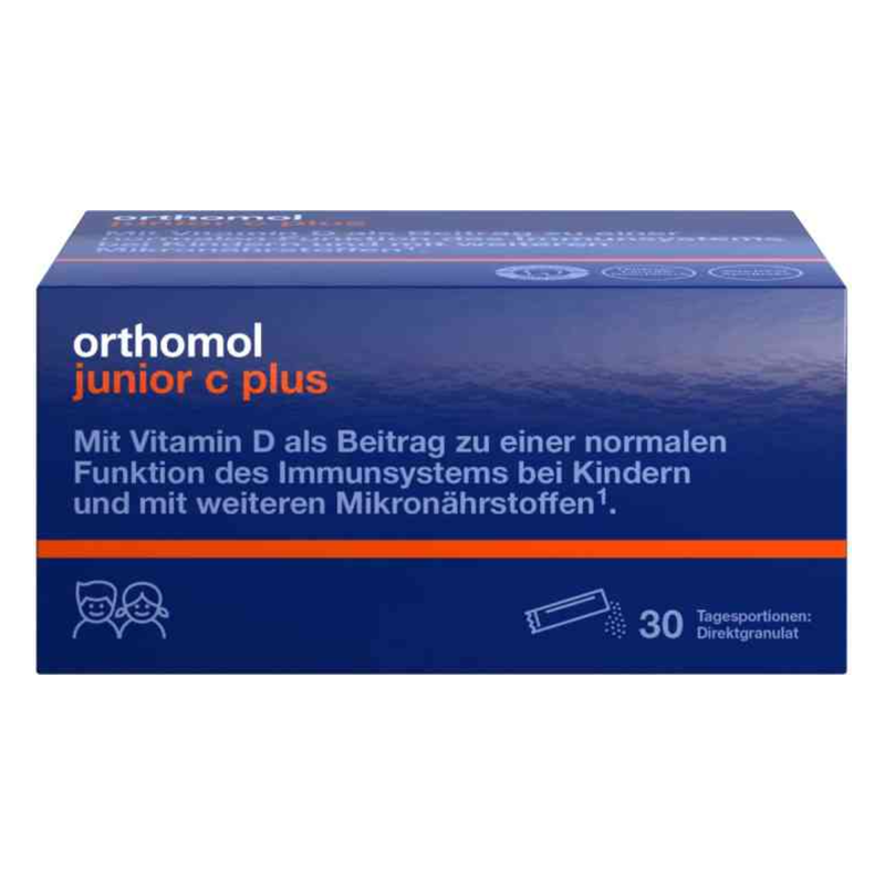 Packung von Orthomol Junior C plus mit Vitamin D zur Unterstützung des Immunsystems bei Kindern, 30 Tagesportionen.
