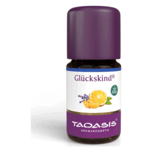 Braune Flasche mit lila Kappe, etikettiert mit "Glückskind", enthält ätherische Öle und bio-Siegel.