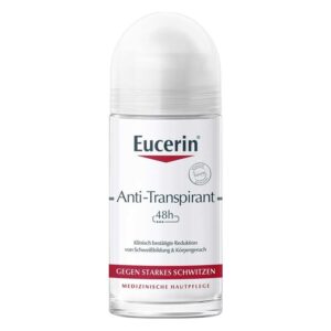 Eucerin Anti-Transpirant Roll-On in klarem Flakon mit weißer Kappe, für 48 Stunden Schutz gegen Schwitzen.