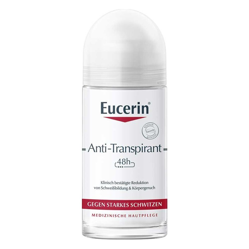Eucerin Anti-Transpirant Roll-On in klarem Flakon mit weißer Kappe, für 48 Stunden Schutz gegen Schwitzen.