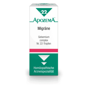 Verpackung von ApoZEMA Gelsemium complex Nr. 22-Tropfen zur Linderung von Migräne, weißes Design mit grünen und pinken Akzenten.