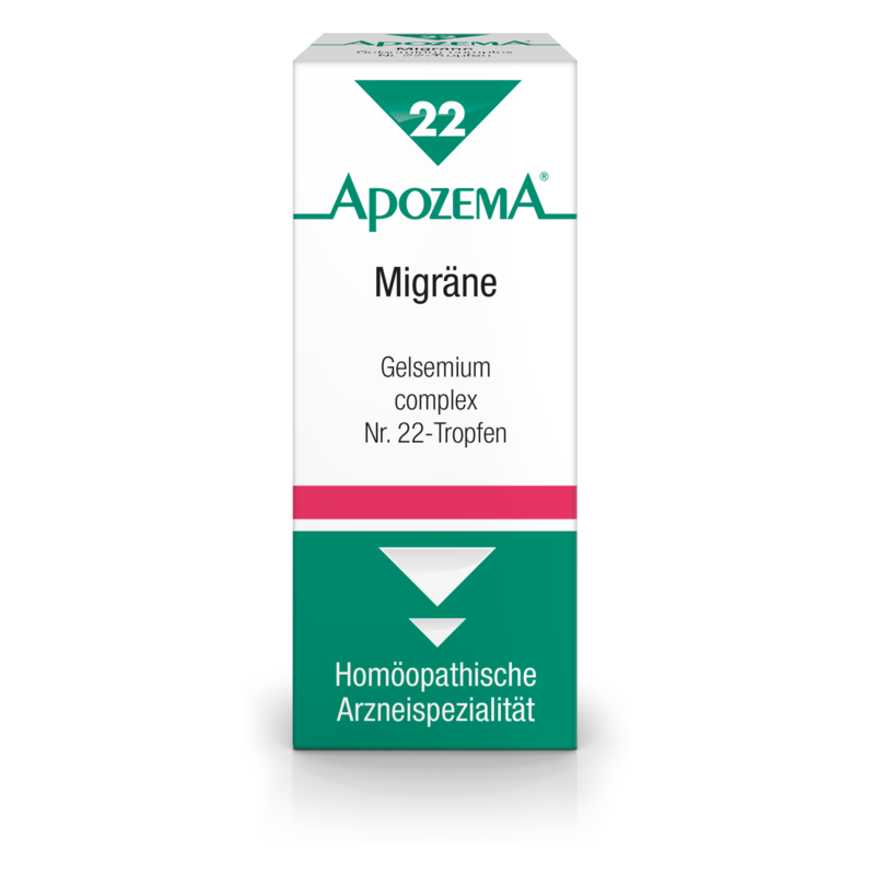 Verpackung von ApoZEMA Gelsemium complex Nr. 22-Tropfen zur Linderung von Migräne, weißes Design mit grünen und pinken Akzenten.