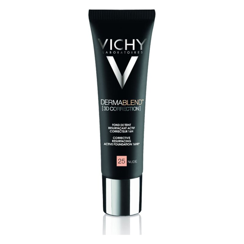 Schwarze Tube mit silbernem Deckel von Vichy Dermablend 3D Correction Foundation in der Nuance 25 Nude.