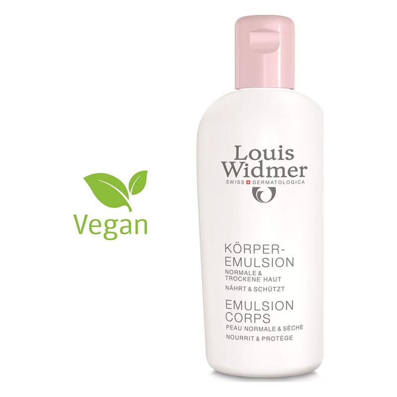 Flasche mit Louis Widmer Körperemulsion, rosa Deckel, für normale und trockene Haut, vegan, schützt und nährt.
