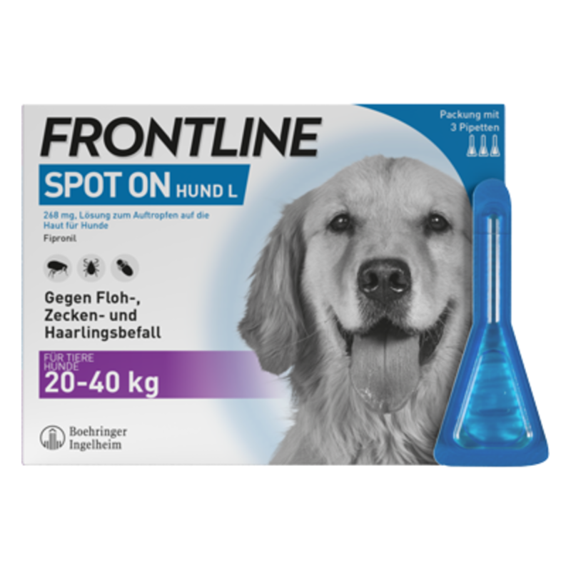 Verpackung von FRONTLINE Spot On für Hunde L, zeigt Drogerieartikel gegen Flöhe, Zecken und Haarlinge in einer blauen Pipette.