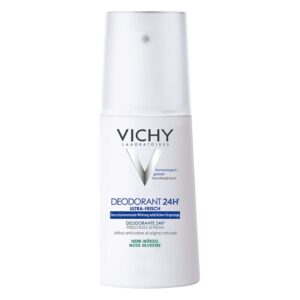 Roll-on Deodorant von Vichy mit 24-Stunden-Wirkung, hypoallergen und dermatologisch getestet, in weißer Verpackung.