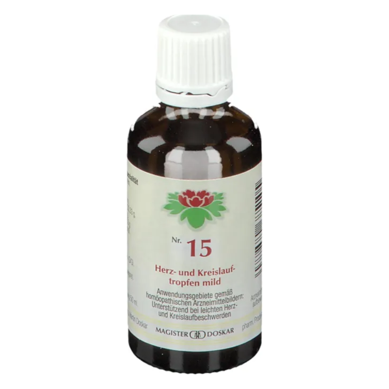 Braune Glasflasche mit Pipette, beschriftet mit "Nr. 15 Herz- und Kreislauftropfen mild".
