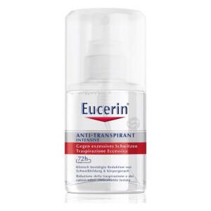 Eucerin Anti-Transpirant in einem transparenten Pumpflakon, der gegen exzessives Schwitzen wirkt.