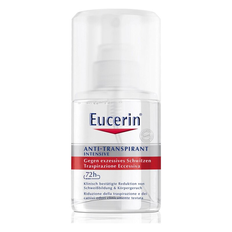 Eucerin Anti-Transpirant in einem transparenten Pumpflakon, der gegen exzessives Schwitzen wirkt.