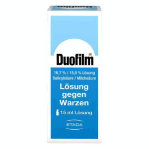 Duofilm Lösung gegen Warzen in einer blauen Packung mit der Angabe von Salicylsäure und Milchsäure.