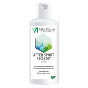 Flasche mit 'After Sport Recovery' Lotion von Adler Pharma, entspannende mineralstoffhaltige Hautpflege.