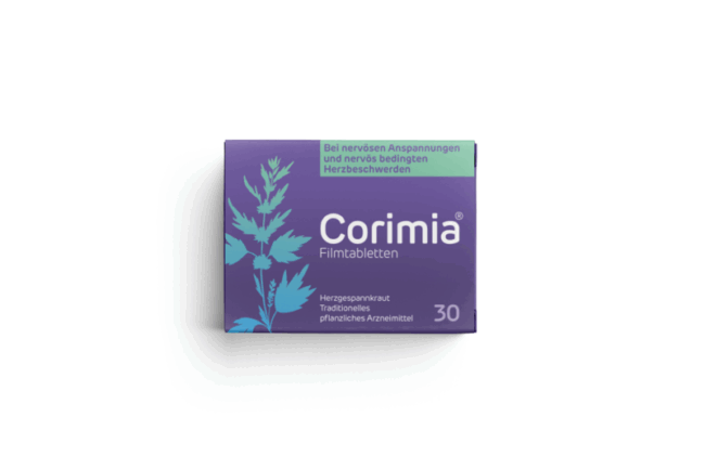 Verpackung von Corimia Filmtabletten mit pflanzlichem Arzneimittel für nervöse Spannungen und Herzbeschwerden.
