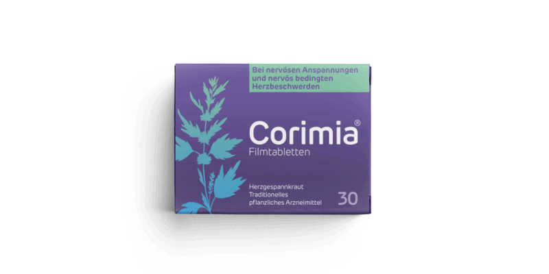 Corimia.png Verpackung von Corimia Filmtabletten mit pflanzlichem Arzneimittel für nervöse Spannungen und Herzbeschwerden.