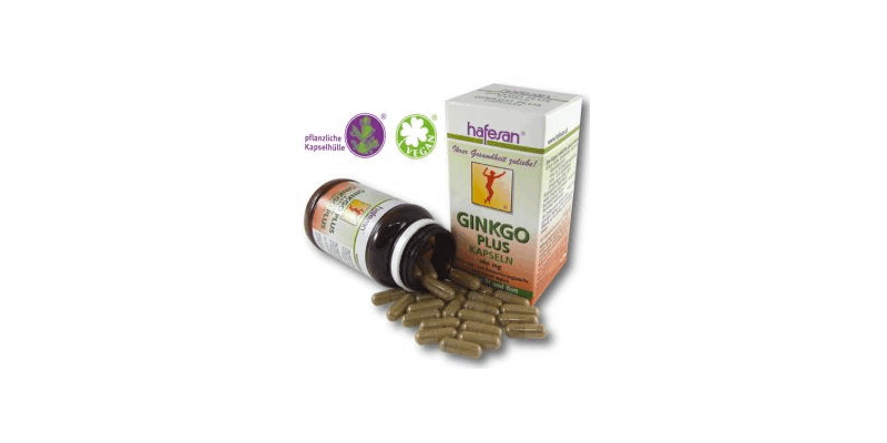 hafesan_ginkgo_plus_2025.png Offene Flasche mit Ginkgo Plus Kapseln und Verpackung, die pflanzliche und vegane Inhaltsstoffe kennzeichnet.