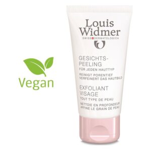Tubenverpackung mit Gesichtspeeling von Louis Widmer, vegan, für jeden Hauttyp, reinigt die Poren.