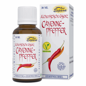 Braune Flasche mit alchemistischer Essenz aus Cayenne-Pfeffer, verpackt in einer weißen Box mit rotem Schriftzug und veganem Symbol.