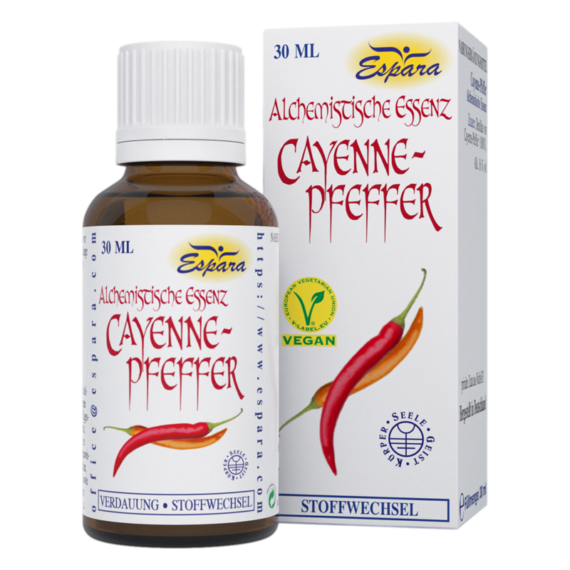 Braune Flasche mit alchemistischer Essenz aus Cayenne-Pfeffer, verpackt in einer weißen Box mit rotem Schriftzug und veganem Symbol.