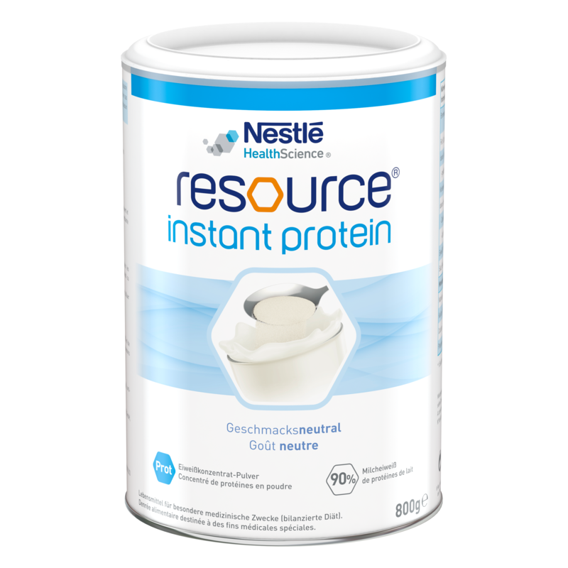 Dose mit 800 g geschmacksneutralem Eiweißkonzentrat-Pulver von Nestlé, verpackt in einer weißen und blauen Dose.