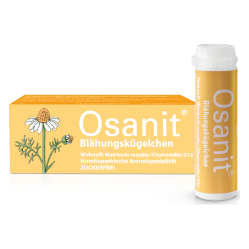 Packung und Röhrchen von Osanit Blähungs kügelchen, homöopathisches Mittel auf Basis von Kamille, zuckerfrei.