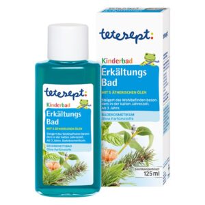 Flasche mit Erkältungsbad für Kinder, 125 ml, in blauem Inhalt, verpackt in einer illustrierten Kartonbox ohne Duftstoffe.