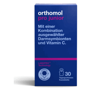 Packung orthomol pro junior mit Informationen zu Darmsymbionten und Vitamin C in blauem Design.