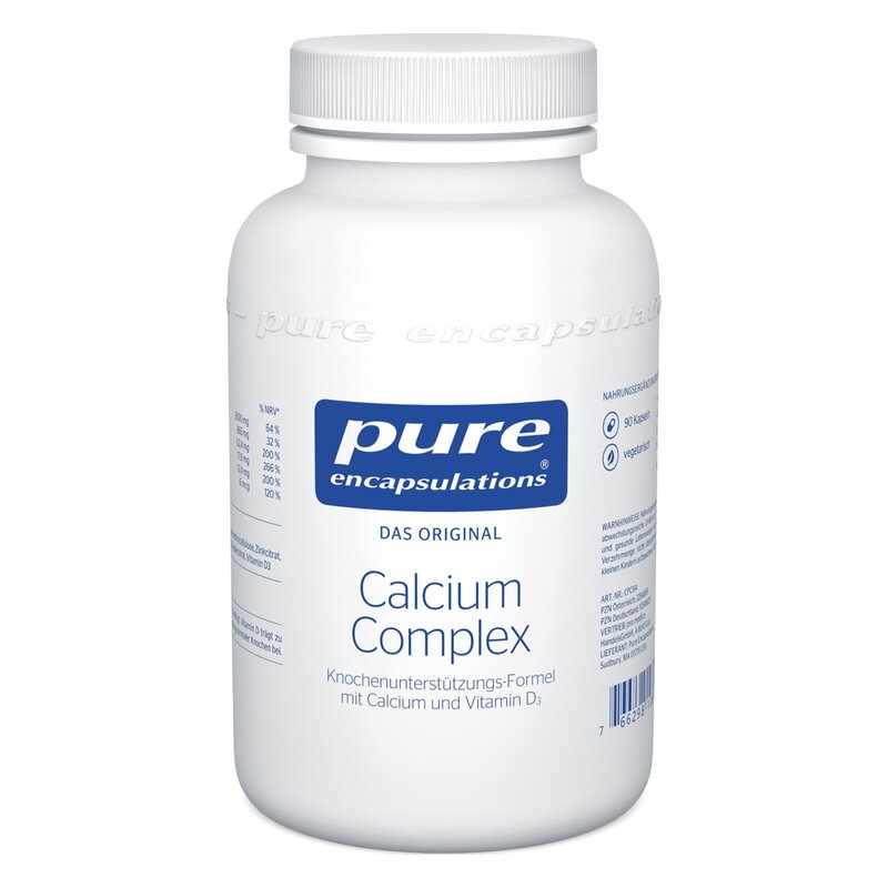 Weißes Kunststoffglas mit blauem Etikett und Schraubdeckel, enthält Calcium und Vitamin D3 für die Knochenunterstützung.