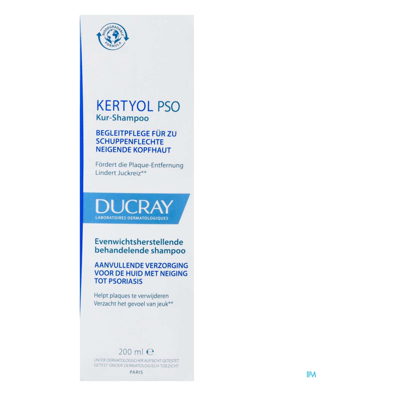 Kartonverpackung für KERTYOL PSO Kur-Shampoo von Ducray mit Anwendungsbeschreibung und Produktinformation.