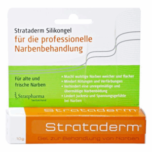 Verpackung von Strataderm Silikongel zur Narbenbehandlung, zeigt die Anwendung für alte und frische Narben.