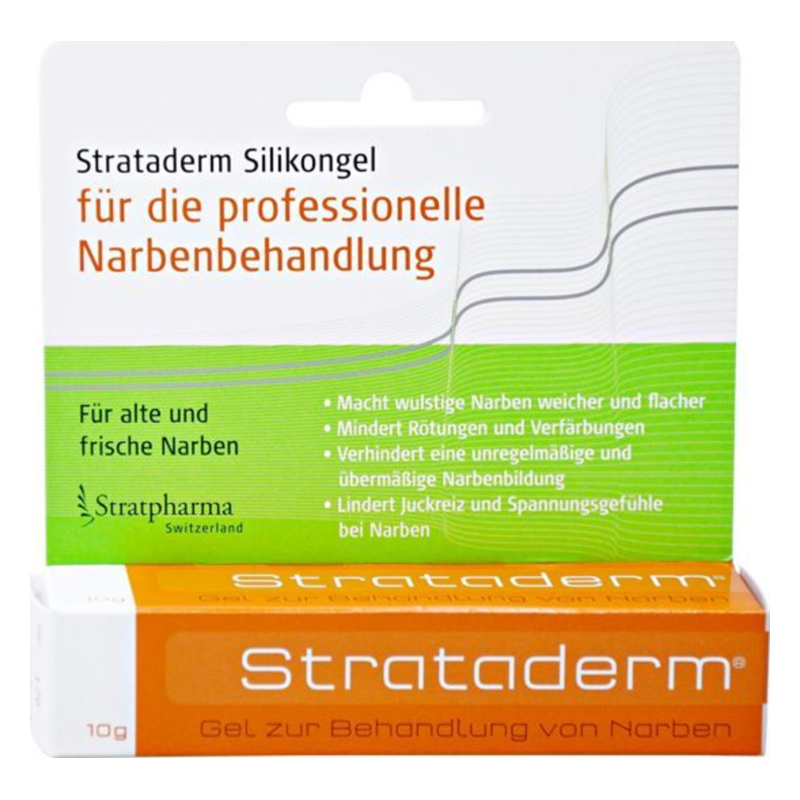 Verpackung von Strataderm Silikongel zur Narbenbehandlung, zeigt die Anwendung für alte und frische Narben.