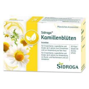 Verpackung von Sidroga Kamillenblüten als Kräutertee mit 20 Aromaschutz-Filterbeuteln für Erwachsene und Kinder ab 3 Jahren.