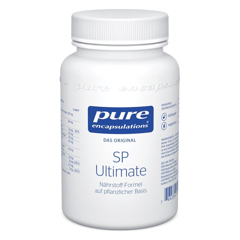 Weißer Kunststoffbehälter mit Schraubdeckel, sorgt für Nahrungsergänzungsmittel mit der Aufschrift 'SP Ultimate'.