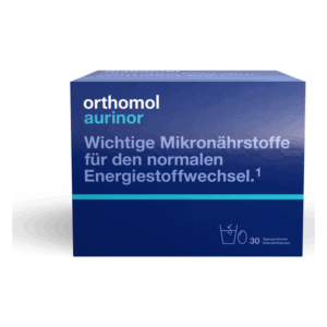 Packung von Orthomol Aurinor mit Informationen zu Mikronährstoffen für den Energiestoffwechsel.