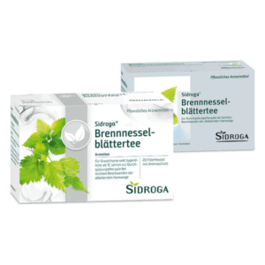 Zwei Verpackungen von Sidroga Brennnesselblättertee, jeweils mit 20 Filterbeuteln und Aromaschutz.