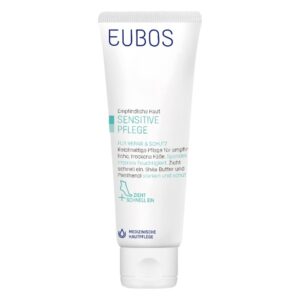 Pflegecreme für empfindliche Haut in einer weißen Tube mit blauer Schrift und medizinischem Hinweis.